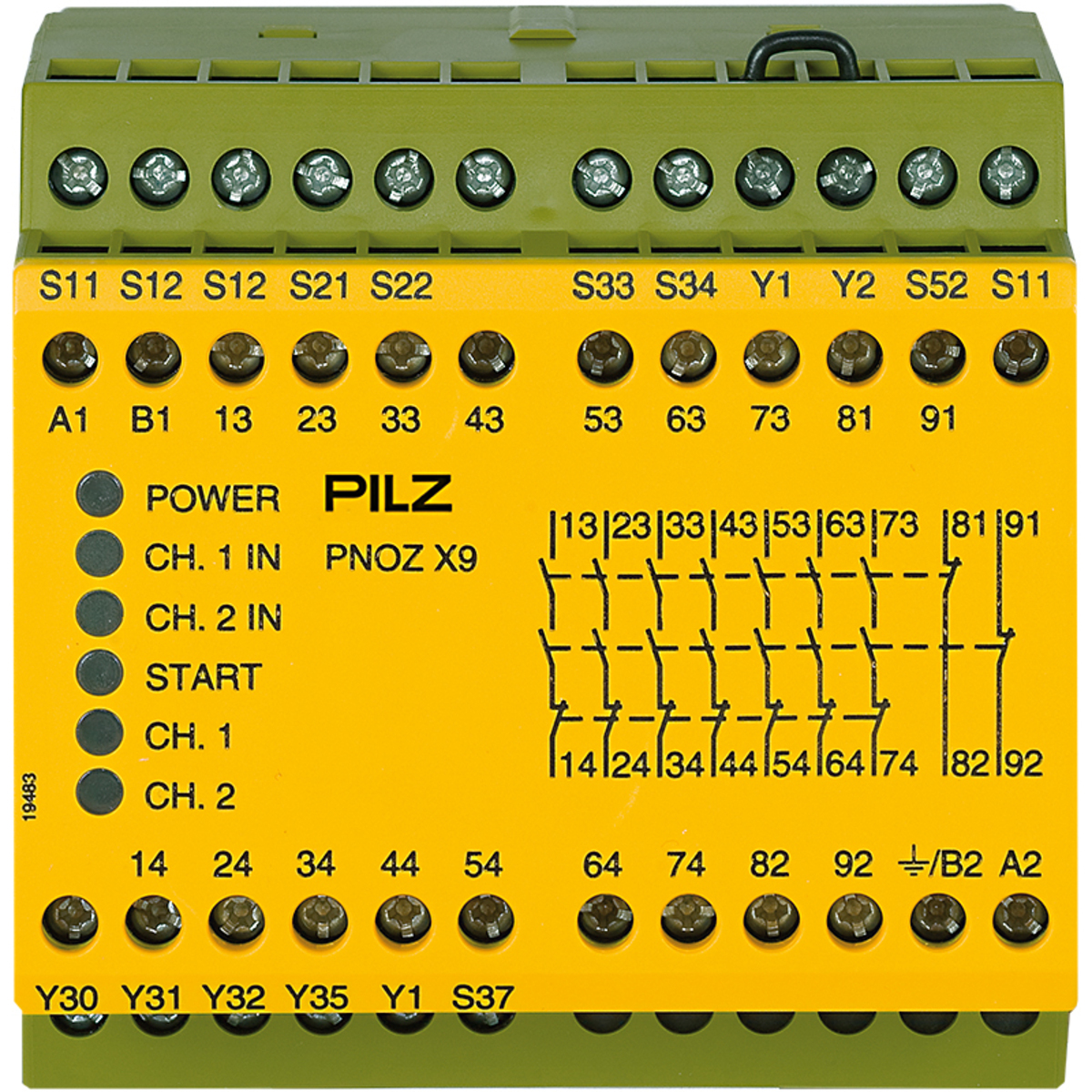 Safety Relay, 1/2-Channel Wiring with Detection of Shorts Across Contacts, 7 N/O, 2 N/C, 2 SC, Automatic/Monitored Start, UB = 24 VDC, 90mm, Screw Terminals Integrated, Monitoring of E-STOP, Safety Gates