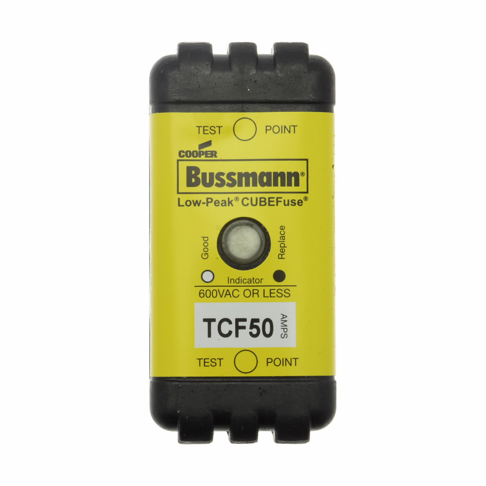 TCF50 CUBEFuse Indicating Non-Rejection Time Delay Fuse, 50 A, 600 V AC/300 V DC, 100/300 kA Interrupt, Class: CF, Square Blade Body