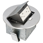 Round stainless steel counter top box. Comes with a 20 amp tamper resistant decorator style receptacle.