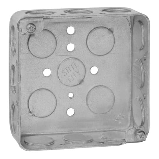 52151-1/2 Steel City Drawn Style Outlet Box, Steel, 21 cu-in Capacity, (1) Outlets, (16) Knockouts, 4 in H x 4 in W x 1-1/2 in D