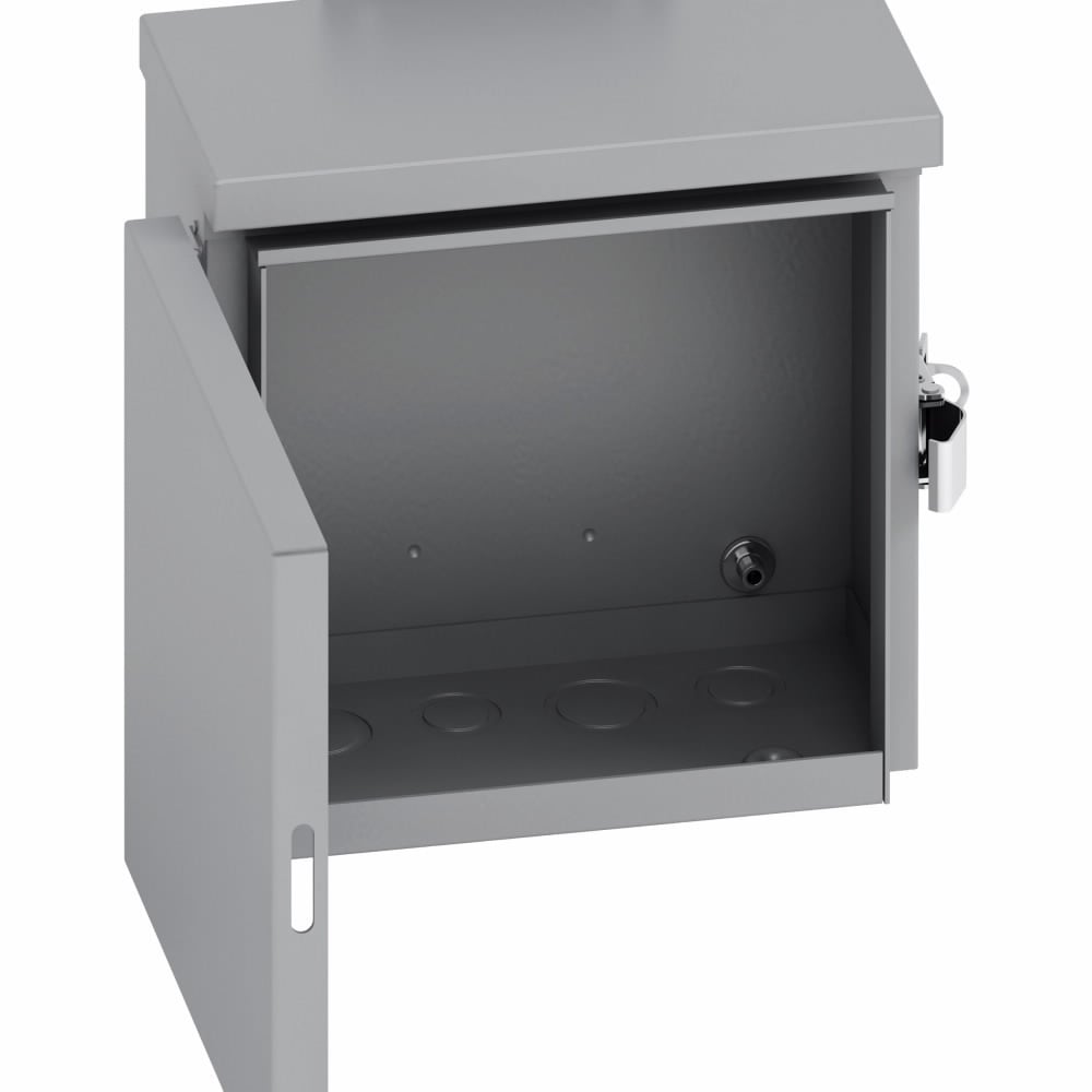 Type 3/3R panel enclosures, 10" height, 6" length, 8" width, NEMA 3R, Hinged cover, RHC enclosure, Wall mount, Small single door, 4 bottom knockouts, External mounting feet, Carbon steel
