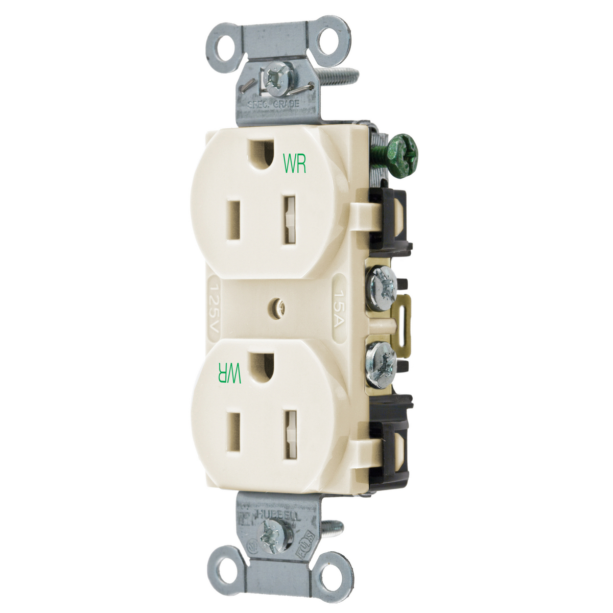 BR15LAWRTR 1-Phase Duplex Tamper/Weather-Resistant Standard Traditional Screw Mount Straight Blade Receptacle, 125 VAC, 15 A, 2 Poles, 3 Wires, Light Almond