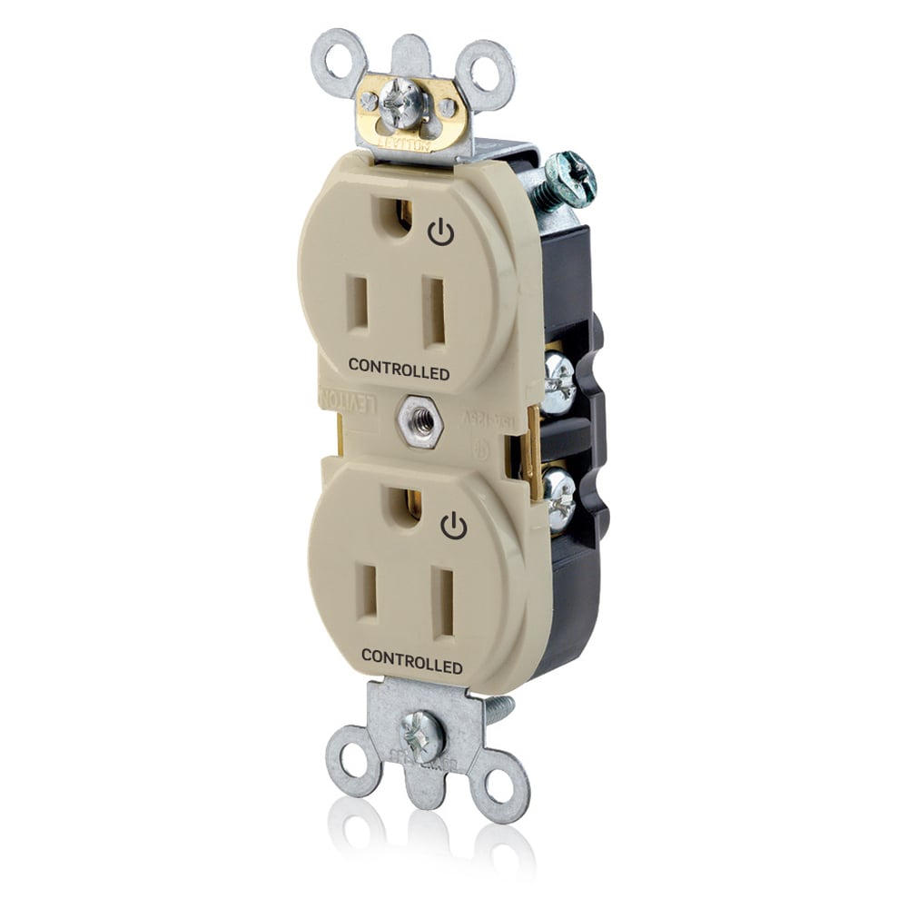 5262-S2I Heavy Duty Narrow Body Straight Blade Duplex Receptacle With 2 Plug Controlled Markings, 125 V AC, 15 A, 2 Poles, 3 Wires, Ivory