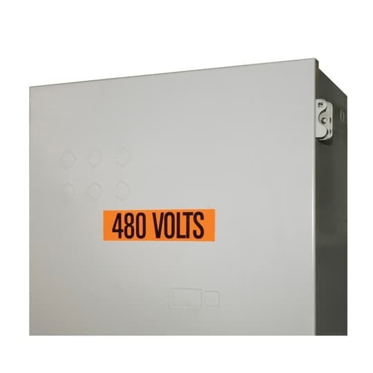 WJT-5021 E-Z Code Style A Conduit and Voltage Marker Card, 2-1/4 in W x 9 in L, 480 VOLTS Legend, Black Legend, Orange Background, Vinyl