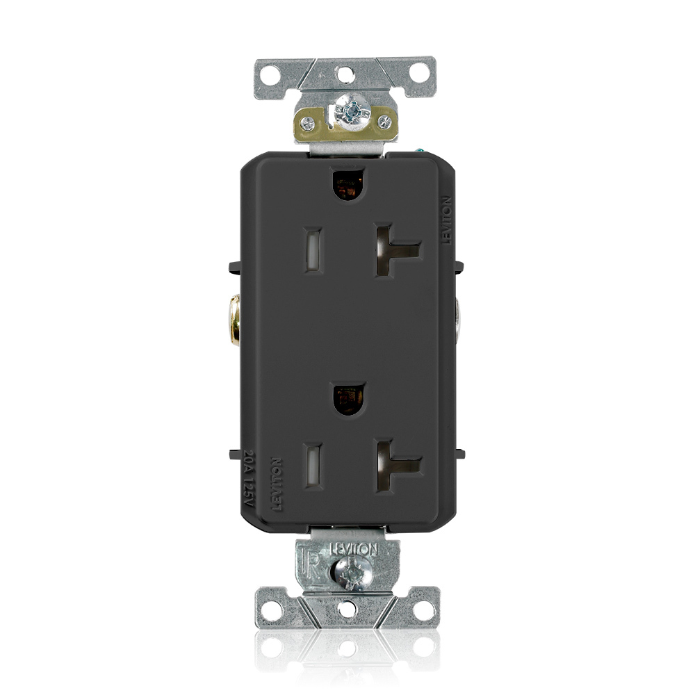 TDR20-E Decora Plus 1-Phase Duplex Heavy Duty Tamper Resistant Straight Blade Receptacle, 125 V AC, 20 A, 2 Poles, 3 Wires, Black