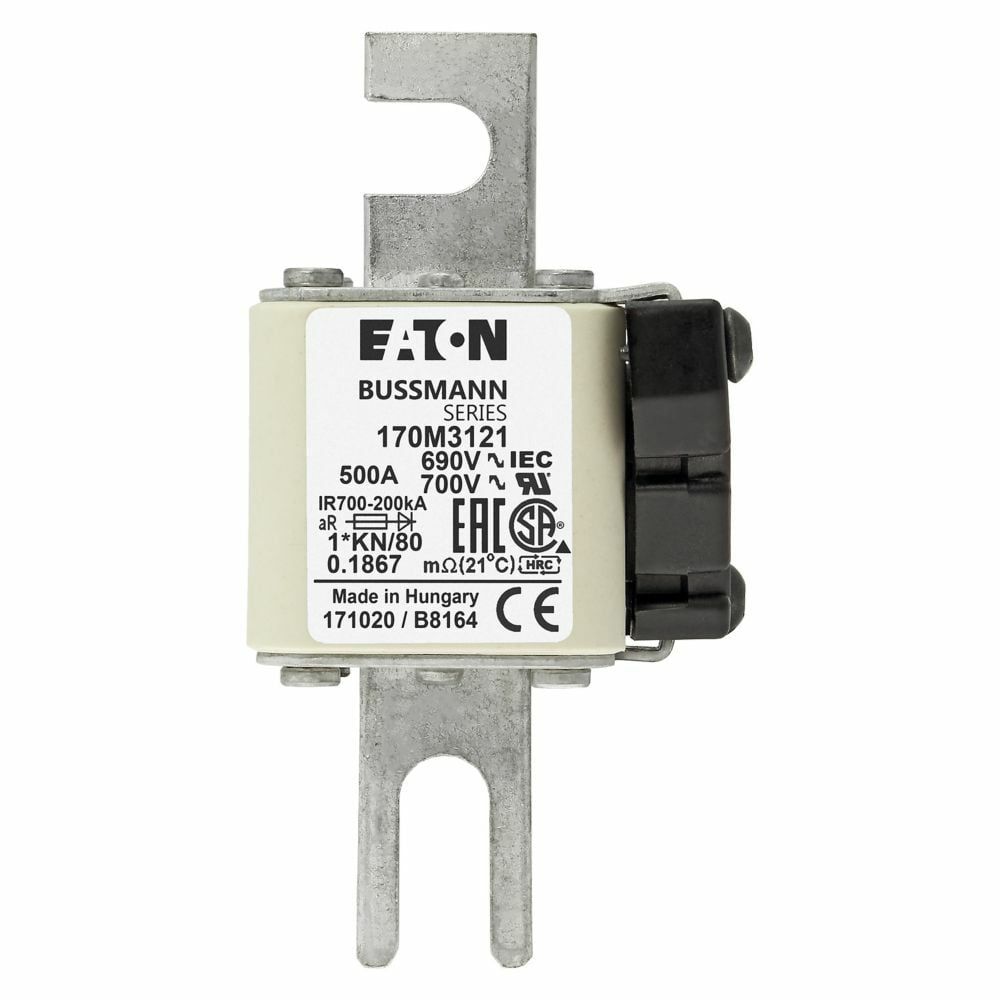 170M3121 Semi-Conductor High Speed Fuse, 500 A, 1250/1300 V, 200 kA Interrupt, Class: AR, Square Body