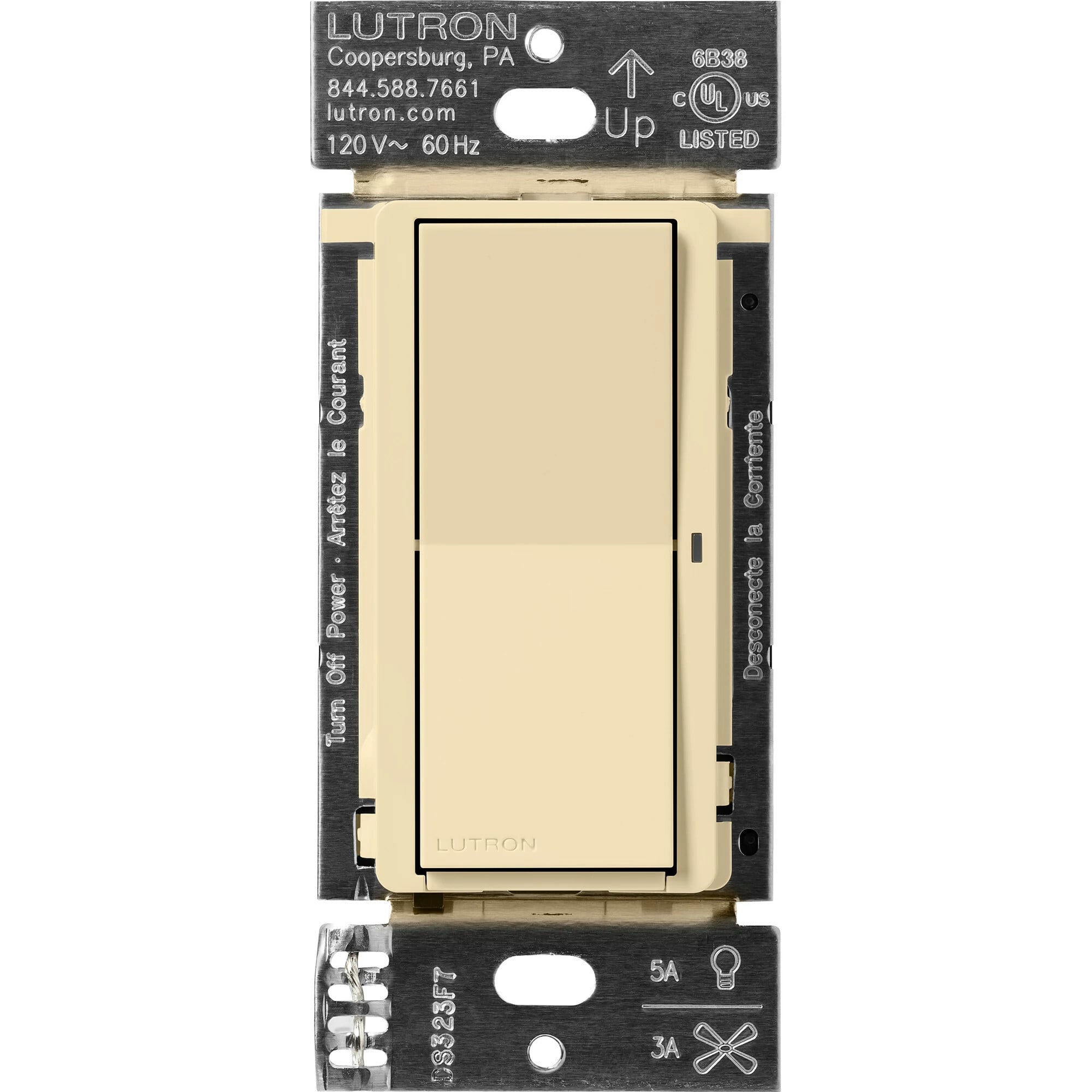 DVRF-5NS-IV Claro Smart Switch for Caseta, 5 Amp LED or 3 Amp Fan, On/Off Paddle Switch, 1 Pole/3-Way, No Neutral Required, 120V, Ivory