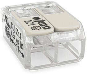 2-wire splicing connector with levers - Suitable for Ex eb applications - Wago (221 series) - for 0.14mm2...4mm2 / for #24AWG...#12AWG - Rated current (Ex e II) 24.5A - Transparent housing / Light gray lever color - with CAGE-CLAMP spring connections
