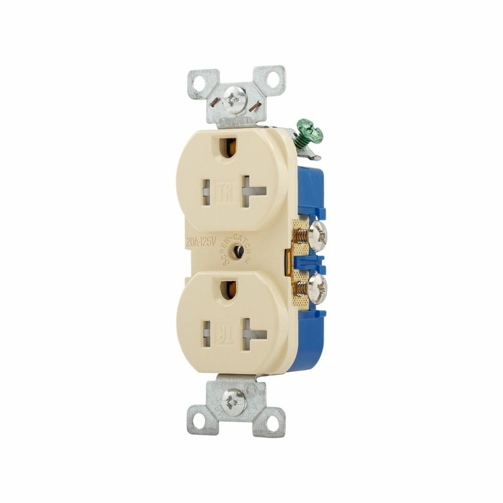 Eaton residential grade duplex receptacle, #14-10 AWG, 20A, Commercial, Residential, Flush, 125V, Side wire, Ivory, Brass, Impact-resistant thermoplastic face, PVC body, 5-20R, Duplex, Screw, Thermoplastic, ED Box