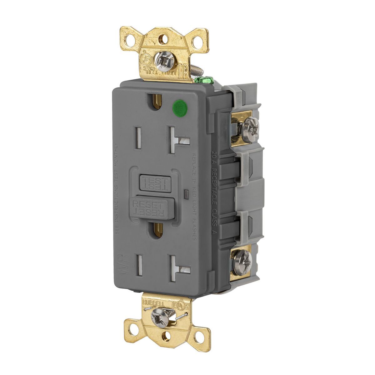 GFRTW83GRY Heavy Duty GFCI Receptacle, 125 V AC, 20 A, 2 Poles, 3 Wires, Grey