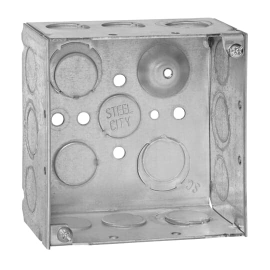 521711234E Square Outlet Box, Welded, Steel, 30.3 cubic inch capacity, Eccentric Knockouts, 4 inch x 4 inch x 2-1/8 inch