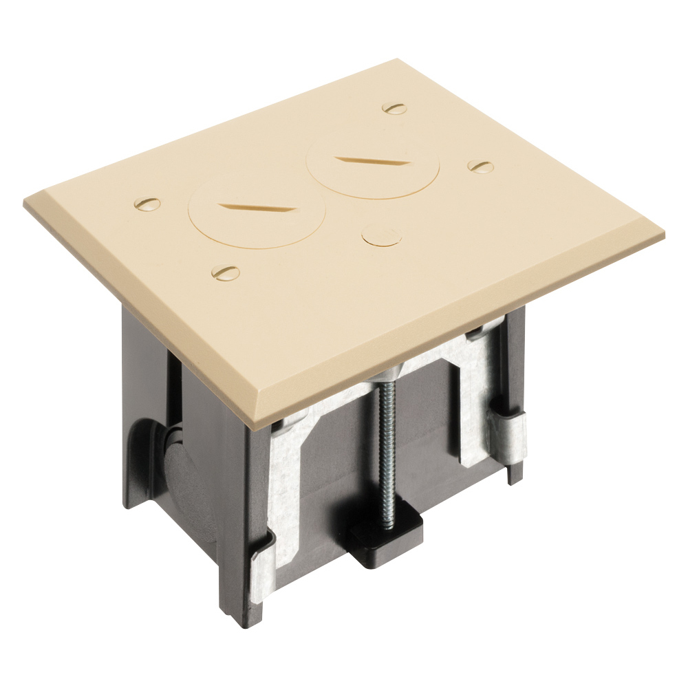 FLBA101LA Adjustable Floor Box With (2) Threaded Plugs, Plastic, 18.3 cu-in Capacity, 1 Gangs, 5.155 in L x 4.25 in W x 4.031 in H