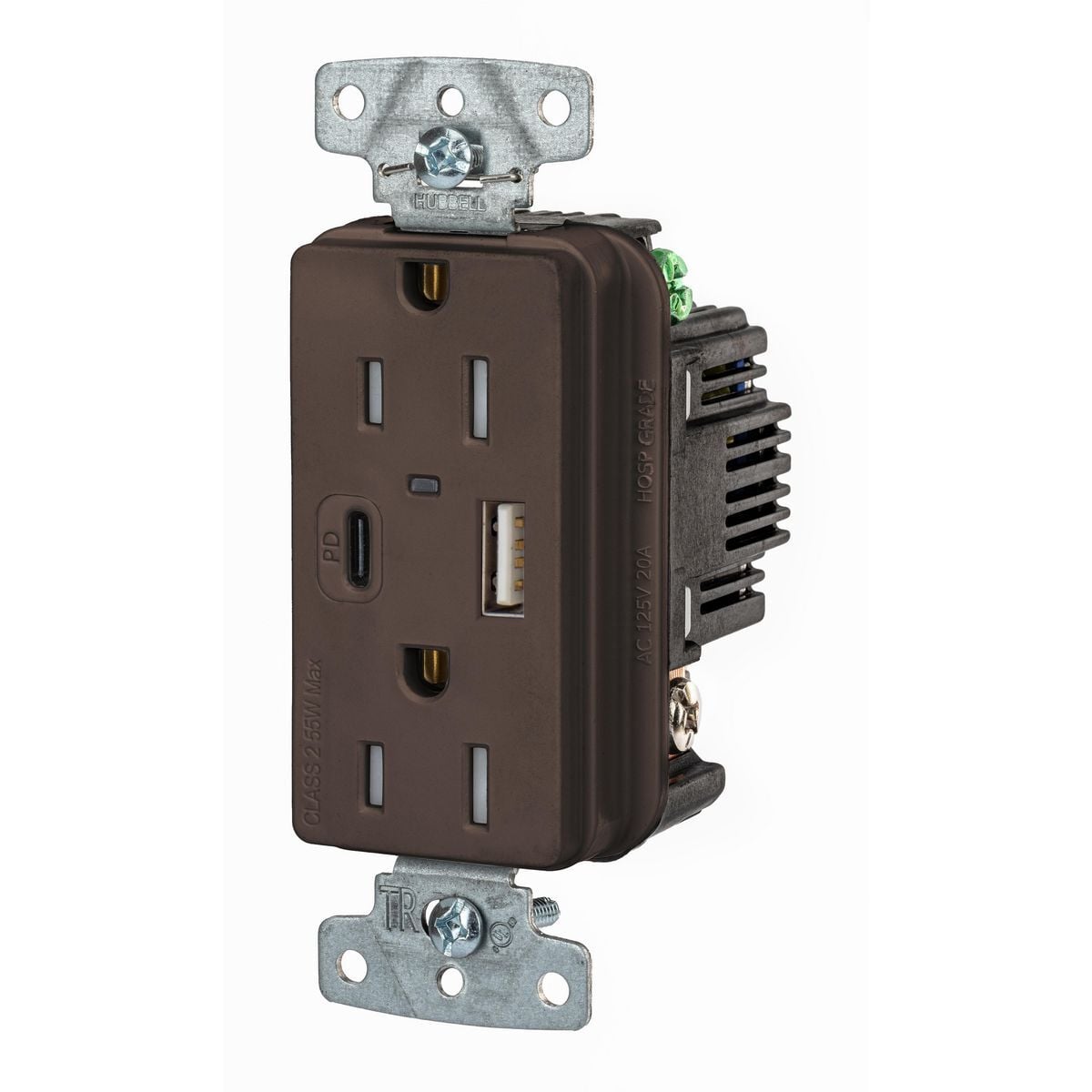 USB15ACPD USB Duplex Straight Blade Receptacle, 125V, 15 Amp, 2 Pole, Tamper Resistant, Brown