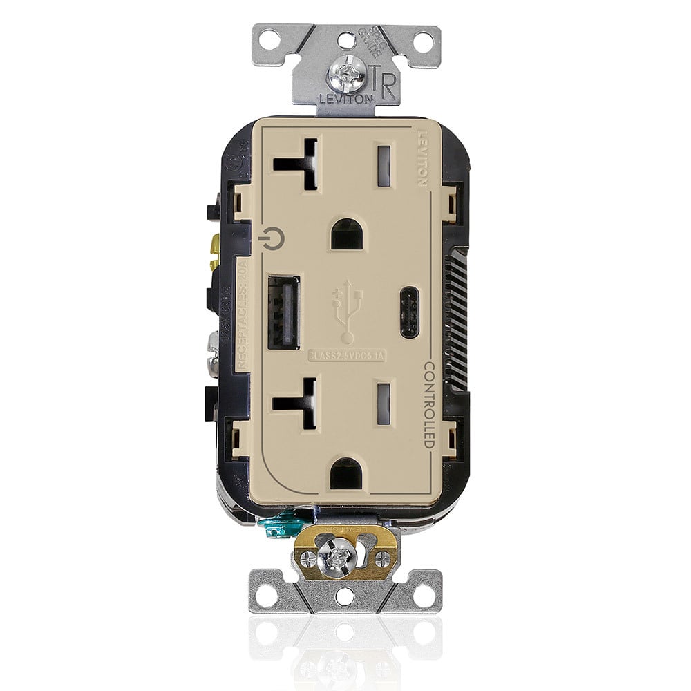 T5833-2I Controlled Combination Duplex Dual Marked Grounding Tamper-Resistant USB Receptacle, 125 V AC, 20 A, 1/2 hp, 2 Poles, 3 Wires, Ivory