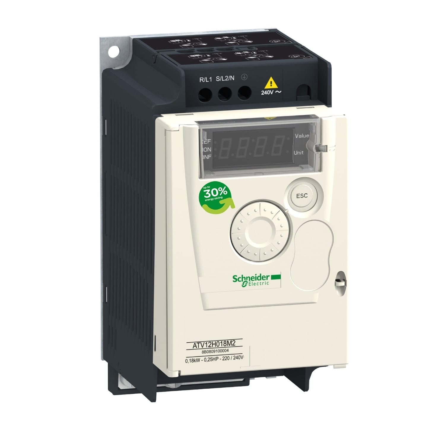 ATV12H018M2TQ Altivar 12 Series Variable Speed Drive, 200 to 240 V, 3.4 A, 0.25 hp, 2.83 in w x 4.02 in d