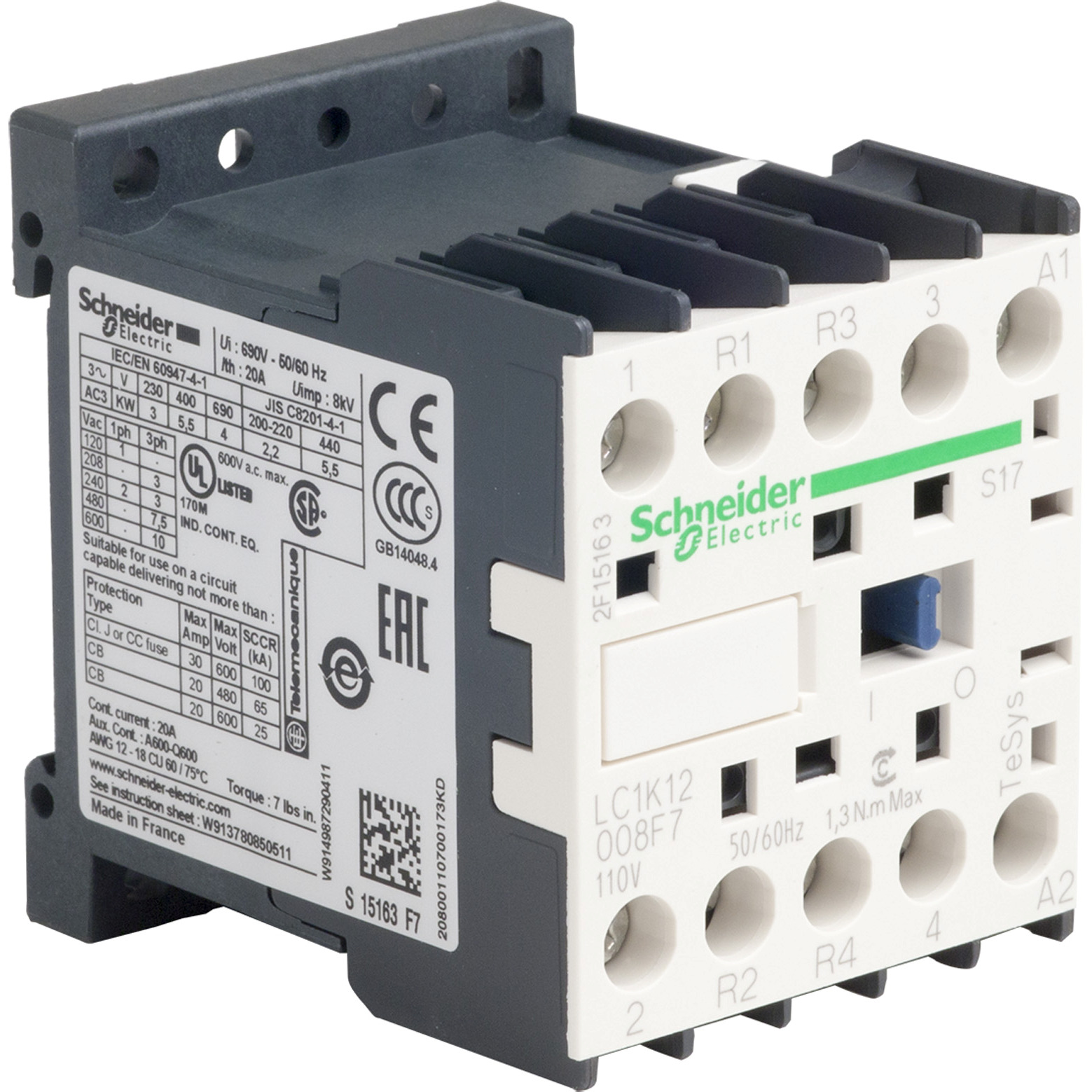 LC1K12008F7S17 TeSys K LC1K Non-Reversing IEC Contactor, 12 A