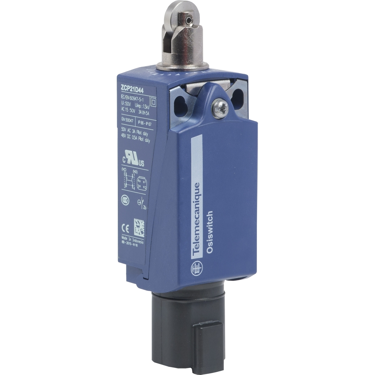 XCKP2102D44 OsiSense Compact Fixed Light Duty Standard Format Limit Switch, 5 A, Roller Plunger Actuator, 1NO-1NC Contact, 2 Poles