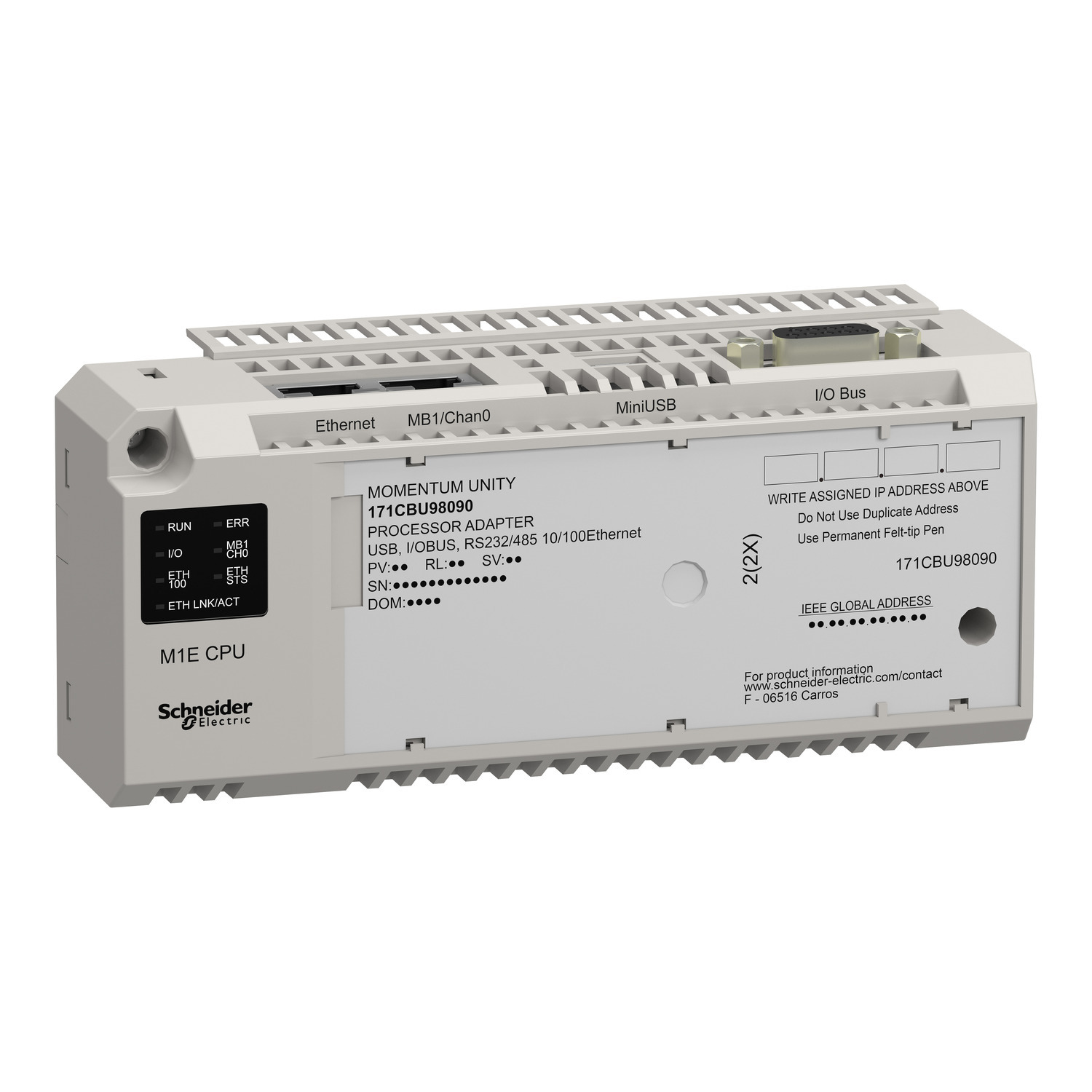 171CBU98090 Modicon Momentum Unity M1E Processor, 3584 kB Memory, 2048 I/O Capacity, DIN Rail Mount