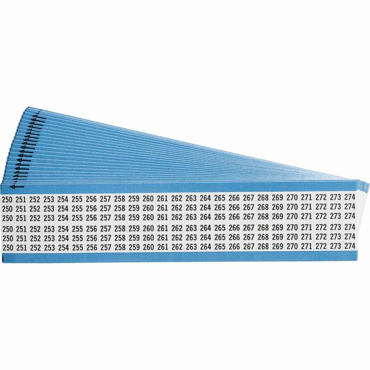 WM-250-274-PK WM Series Consecutive Number Pre-Printed Wire Marker Card, 1/4 in W, Black on White, B-500 Repositionable Vinyl Coated Fabric, 25 Markers per Card
