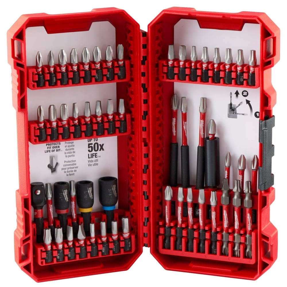 48-32-4010 SHOCKWAVE 54-Piece Bit Set, P1, P2,PR1, P3, SQ1, SQ4, SQ3, T15, T20, T25, T27, T30, SL#8, SL#10, 1/8 in, 9/64 in, 5/32 in, 3/16 in, SQ2, 3.5 in, 1-7/8 in, 1/4 in, 5/16, 3/8 in, 1/4 in Point Hex Point, 1/4 in, Alloy Steel