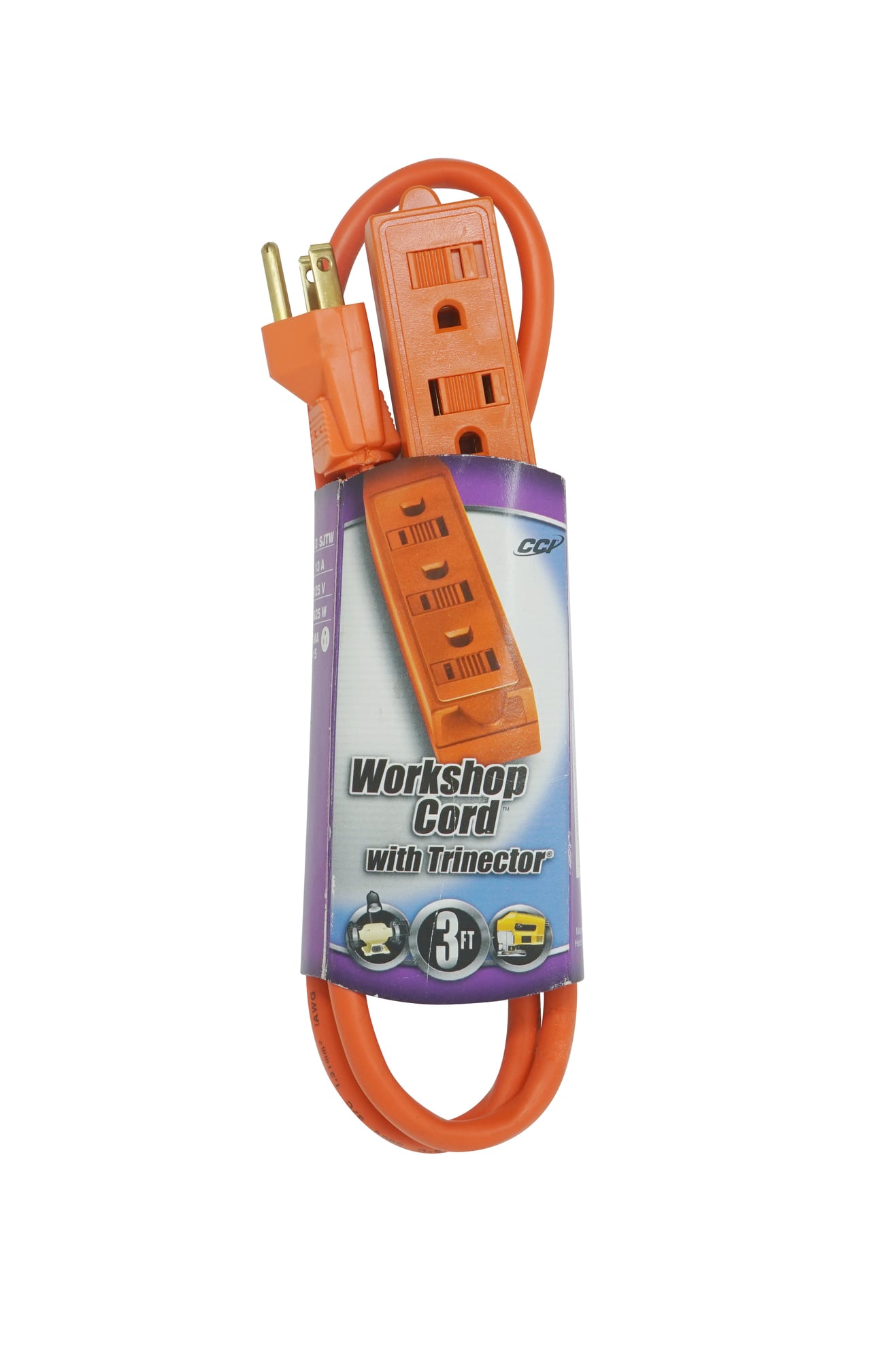 40038803 Tri-Source Type SJTW Power Tap Extension Cord, 125 V AC, (3) 16 AWG Bare Copper Conductor, 3 ft L