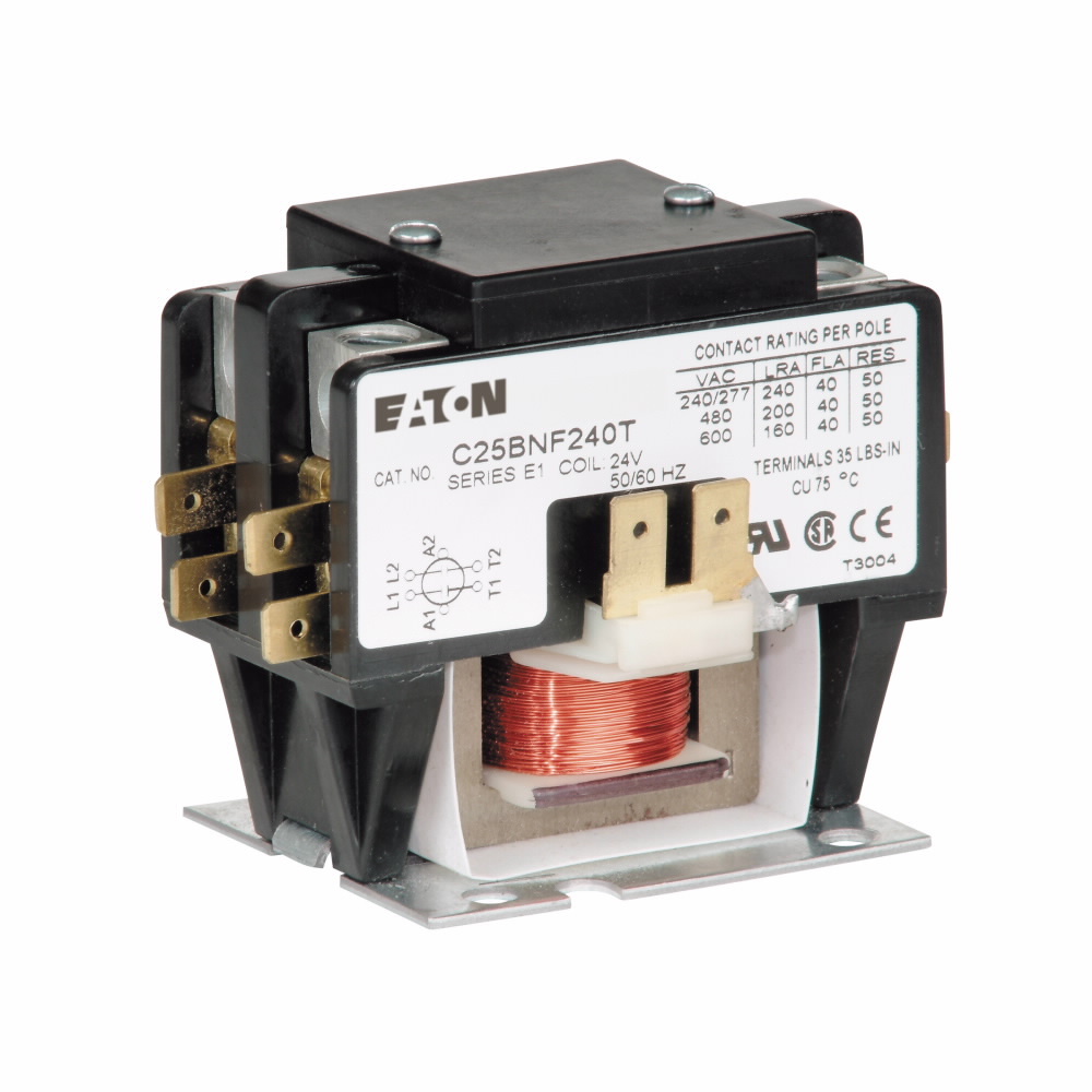 C25BNF240T Non-Reversing Definite Purpose Control Contactor, 24 V AC V Coil, 40 A Inductive/50 A Resistive, 2 Poles
