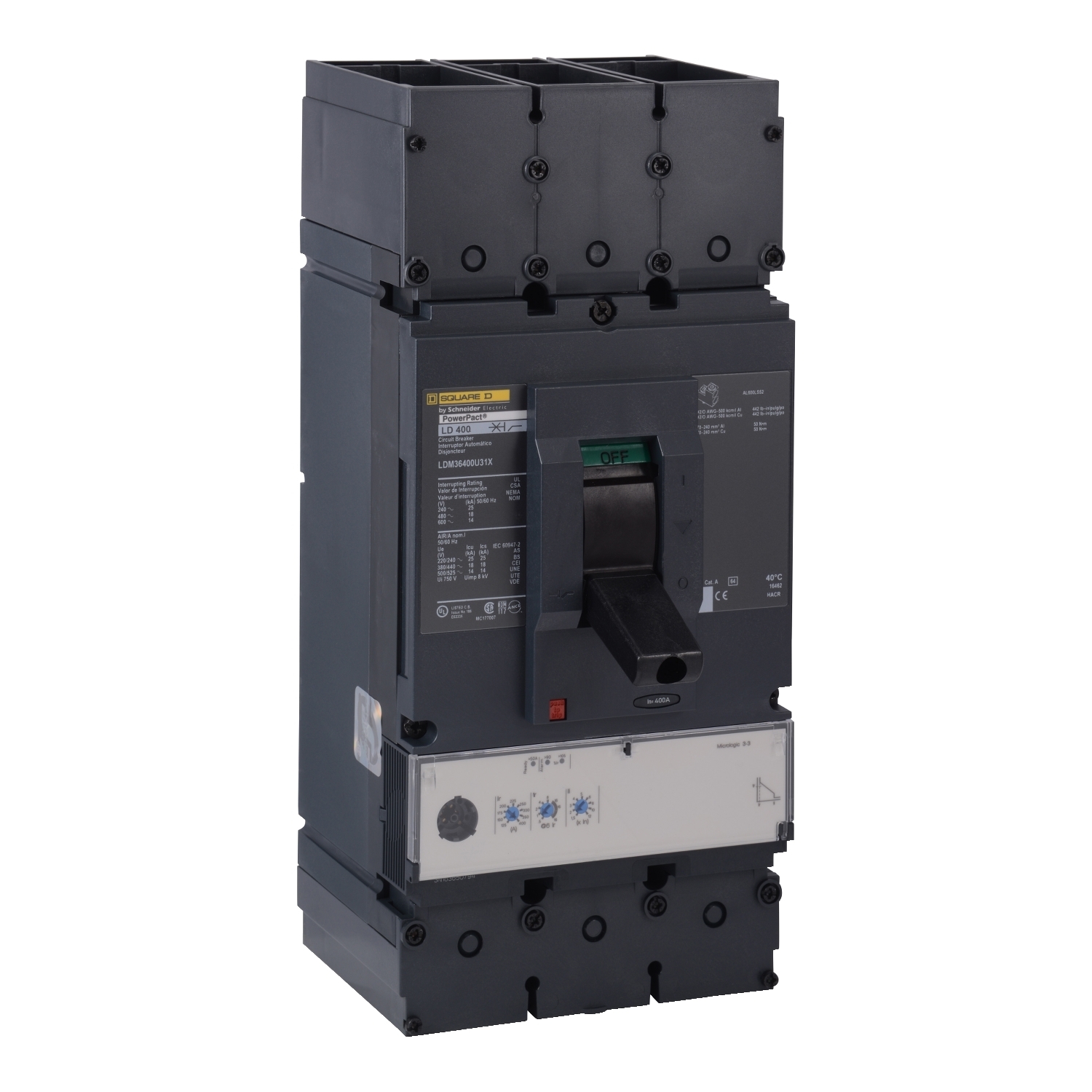 LDM36400U31X PowerPact Molded Case Circuit Breaker, 600 V AC, 400 A, 14 kA Interrupt, 3 Poles, Electronic Trip