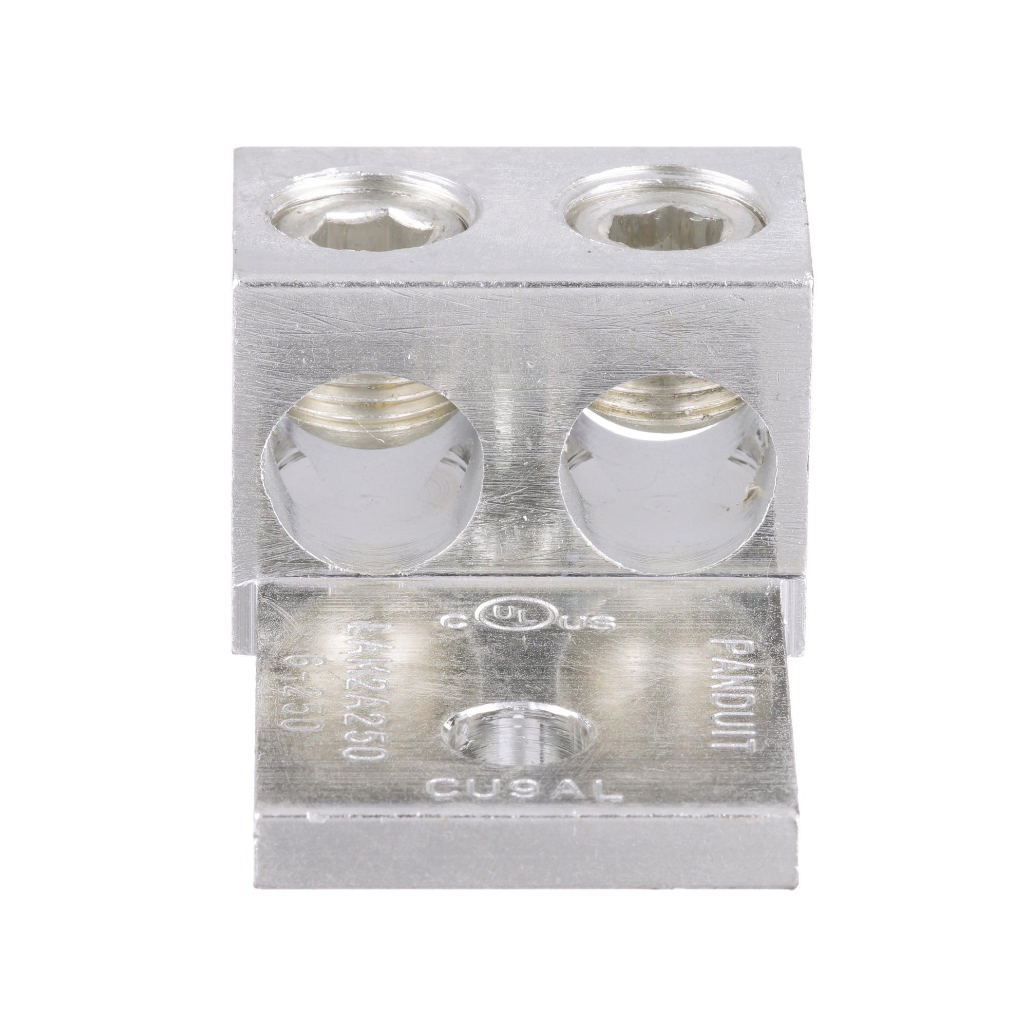 LAM2A250-38-6Y Pan-Lug 2-Barrel Mechanical Connector Lug, 6 AWG to 250 kcmil Aluminum/Copper/Stranded Conductor, 3/8 in Stud, 1 Bolt Holes, Aluminum