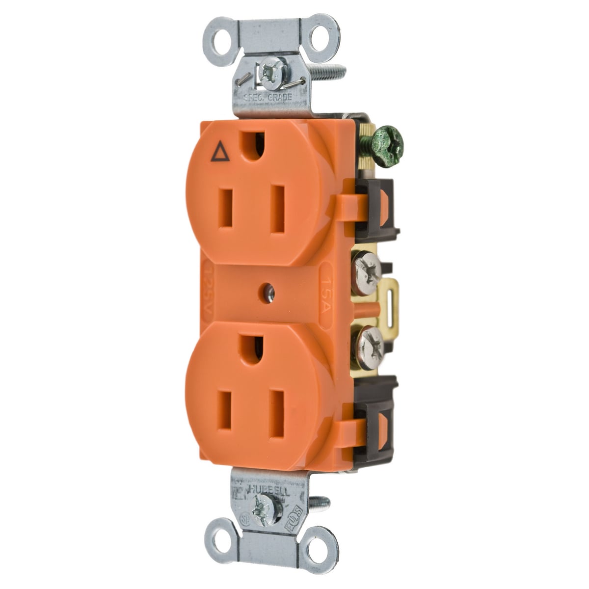 IG15CR 1-Phase Corrosion-Resistant Duplex Isolated Ground Standard Traditional Screw Mount Straight Blade Receptacle, 125 V AC, 15 A, 2 Poles, 3 Wires, Orange
