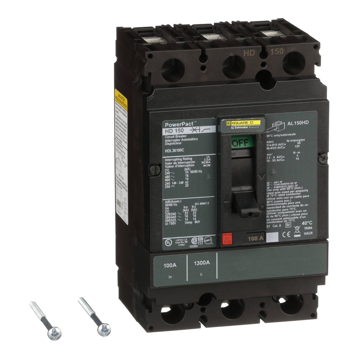 HDL36100C I-Line PowerPact 100% Rated Type HDL Molded Case Circuit Breaker, 600 V AC/250 V DC, 100 A, 25 kA at 240 VAC/18 kA at 480 VAC/14 kA at 600 VAC/20 kA at 250VDC Interrupt, 3 Poles, Thermal Magnetic Trip