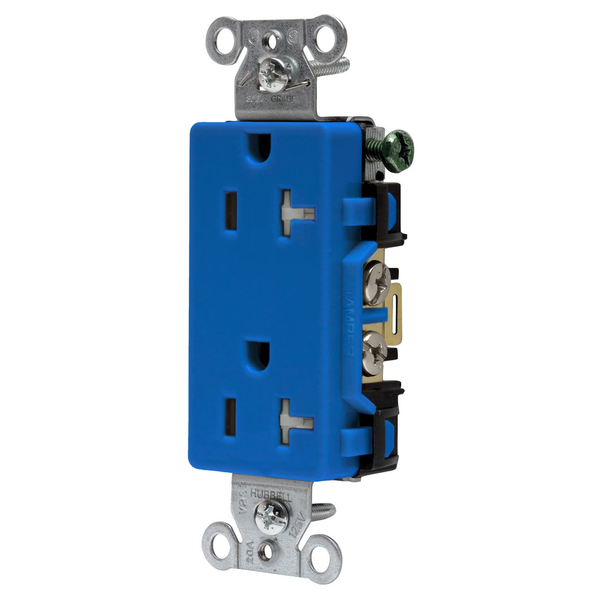 DR20BLTR 1-Phase Decorator Duplex Self-Grounding Standard Tamper-Resistant Screw Mount Straight Blade Receptacle, 125 VAC, 20 A, 2 Poles, 3 Wires, Blue