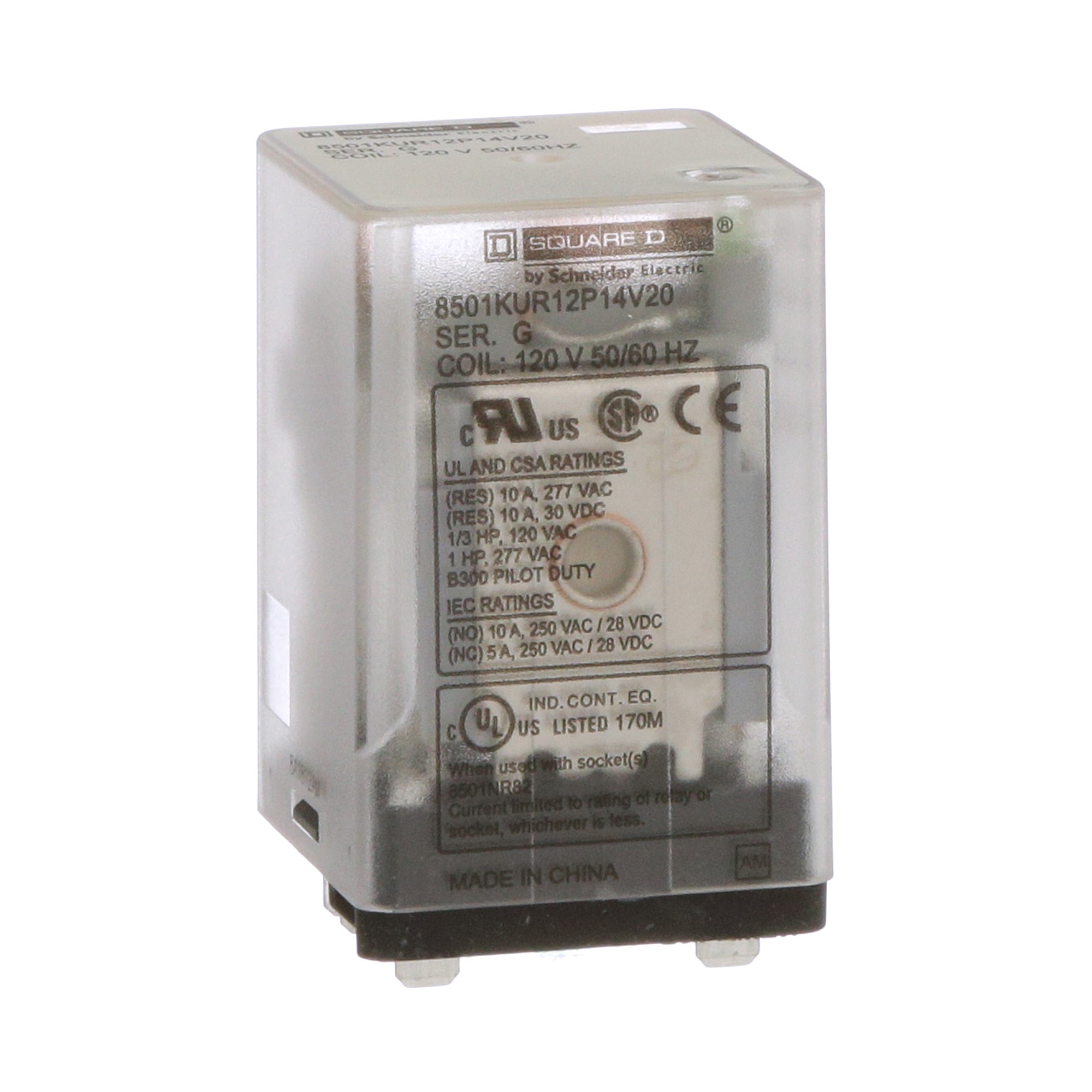 8501KUR12P14V20 Type K General Purpose Relay With LED and Standard Cover, 10 A, 8 Pin, 2CO 2 Form C DPDT Contact, 300 V AC/30 V DC V Coil
