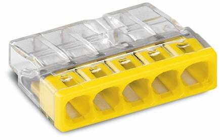 5-wire splicing connector - Wago (2273 series) - for 0.5mm2...2.5mm2 / for #20AWG...#16AWG - Rated current (IEC) 24A - Transparent housing / Yellow cover color - with PUSH WIRE spring connections