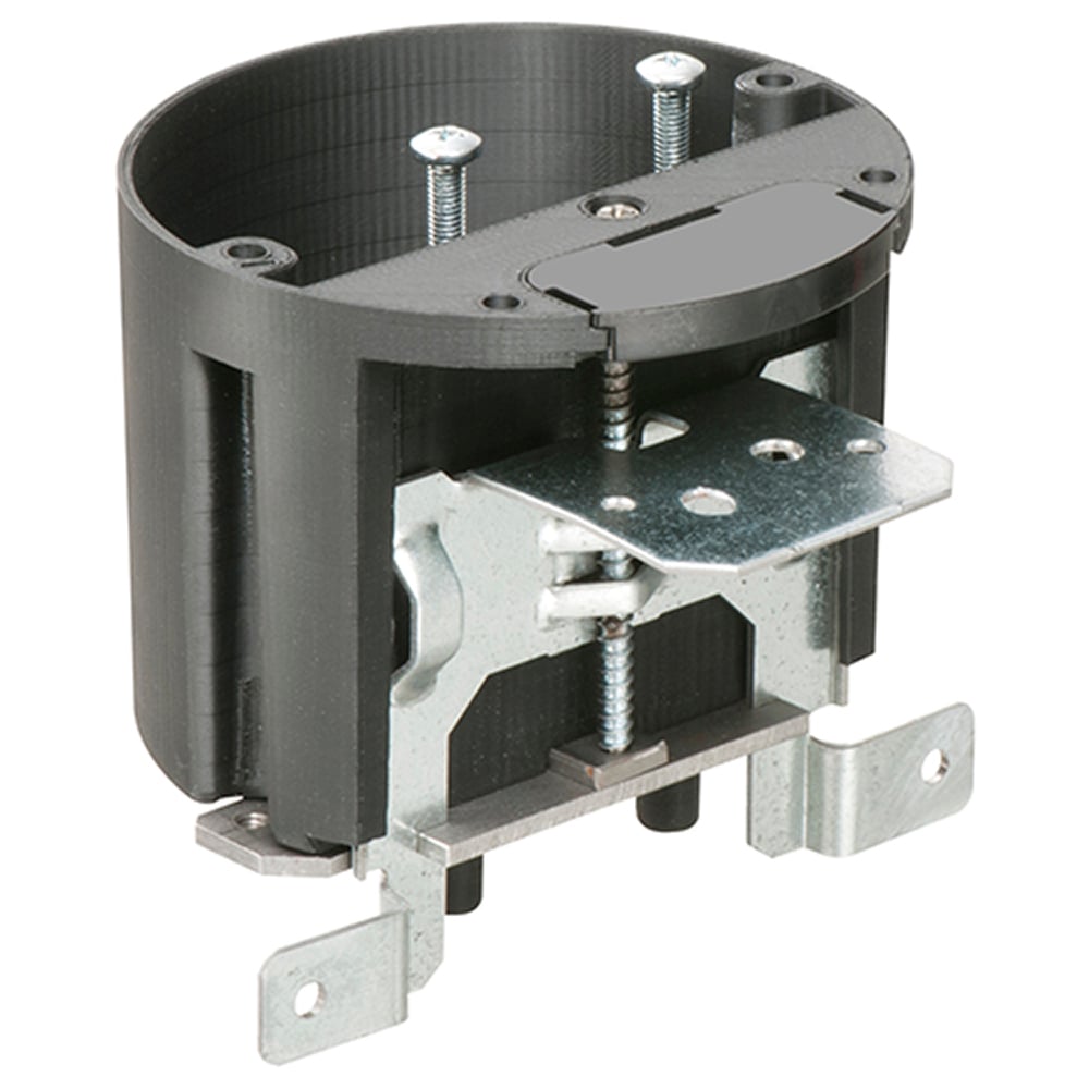 Adjustable in and out box for fan and ceiling fixtures. Mounts securely to joist on new construction. 2 Hour Fire Rating. 21.0 cu. in. Adjusts from 1/2" to 1-1/2"