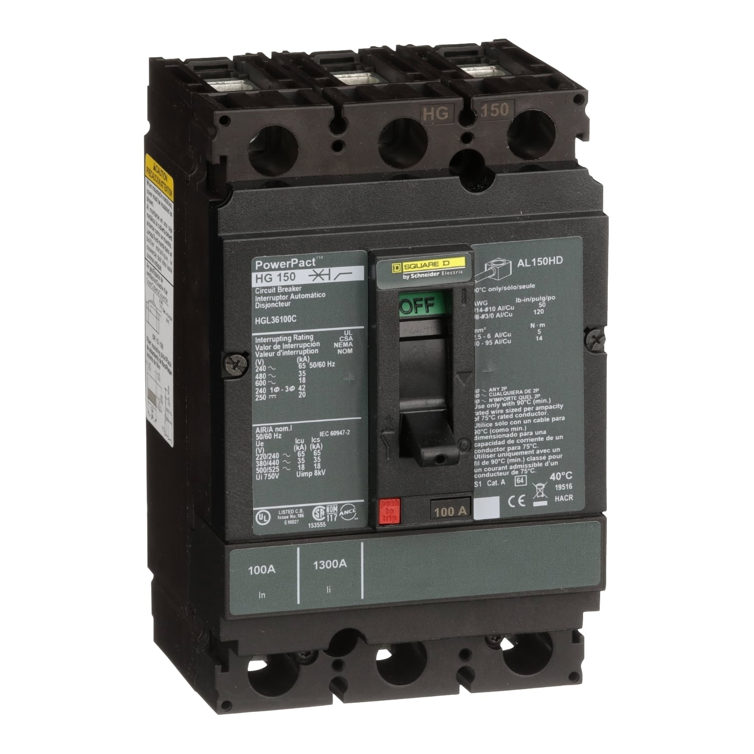 HGL36100C I-Line PowerPact H Type HGL Molded Case Circuit Breaker, 600 VAC, 250 to 500 VDC, 100 A, 18/20/35/65 kA Interrupt, 3 Poles, Thermal Magnetic Trip