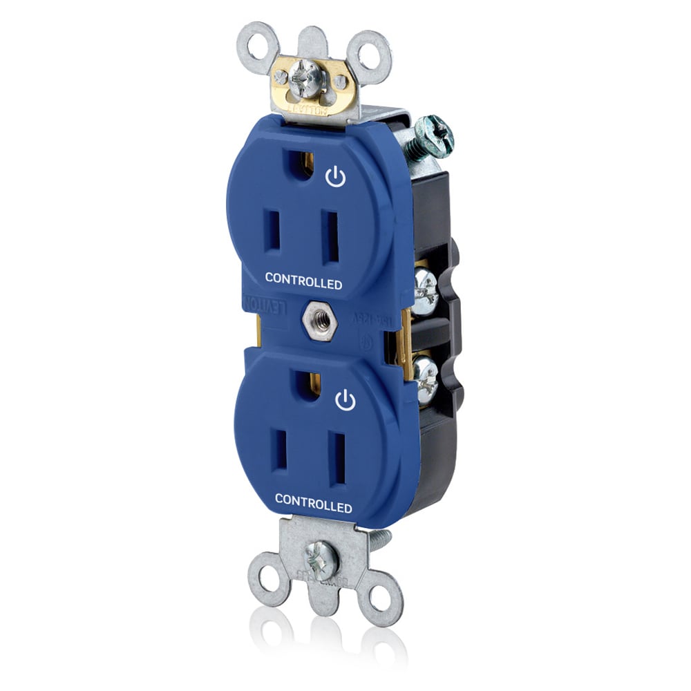 5262-S2B Heavy Duty Narrow Body Straight Blade Duplex Receptacle With 2 Plug Controlled Markings, 125 V AC, 15 A, 2 Poles, 3 Wires, Blue