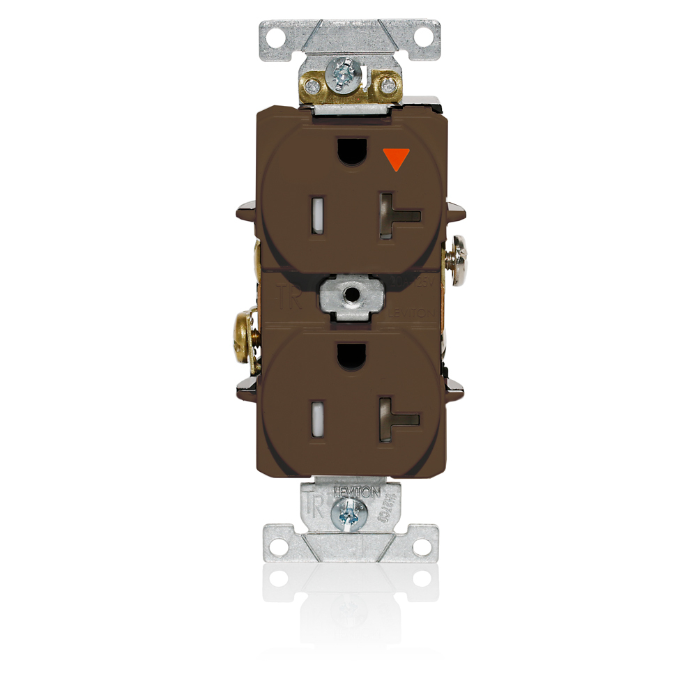 T5362-IGB T5362-IG Duplex Flat Face Heavy Duty Isolated Self-Grounding Standard Tamper-Resistant Straight Blade Receptacle, 125 V AC, 20 A, 2 Poles, 3 Wires, Brown