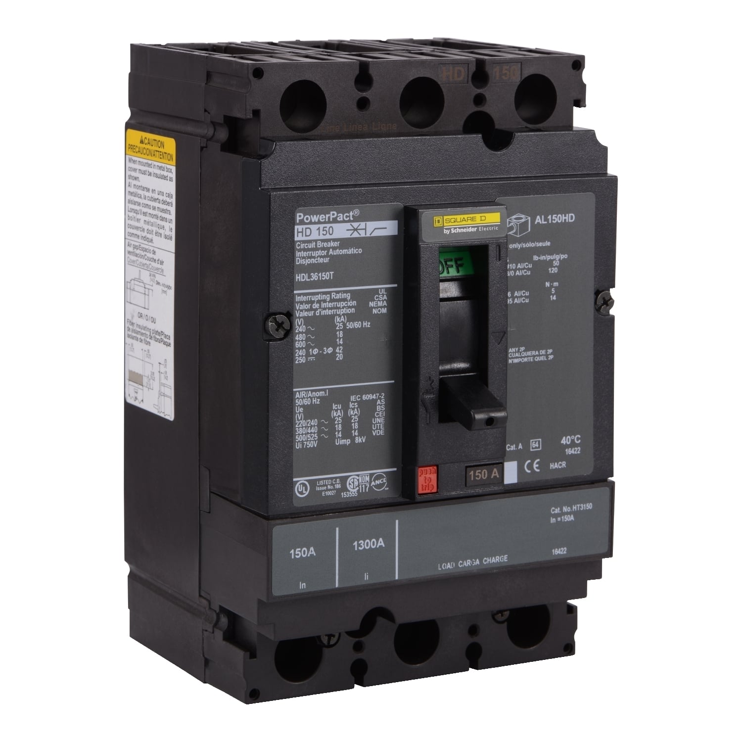 HDL36150T I-Line PowerPact H Type HDL Complete Molded Case Circuit Breaker, 600 V AC/250 V DC, 150 A, 18/14/20/25 kA Interrupt, 3 Poles, Thermal Magnetic Trip