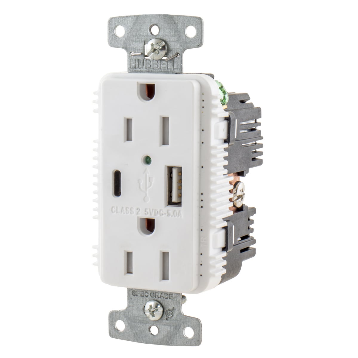 USB15AC5W Duplex Grounding Heavy Duty Standard Tamper-Resistant USB Charger Receptacle With Green LED, 125 V, 15 A, 1875 W, 1 Phase, 2 Poles, 3 Wires, White