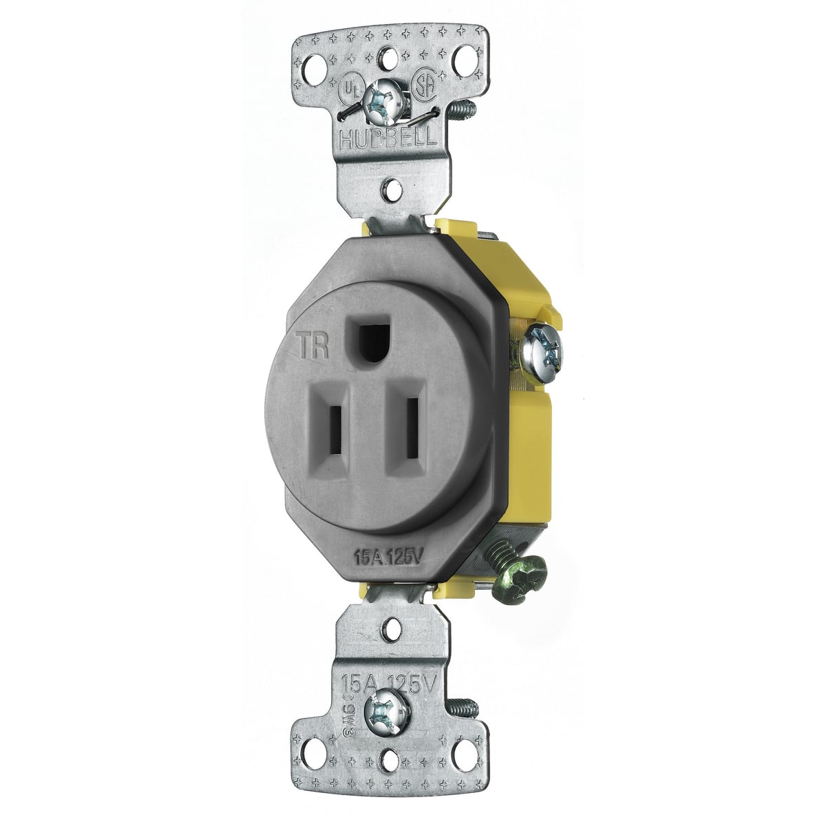 RR151GYTR 1-Phase Single Standard Tamper-Resistant Self-Grounding Straight Blade Receptacle, 125 VAC, 15 A, 2 Poles, 3 Wires, Gray