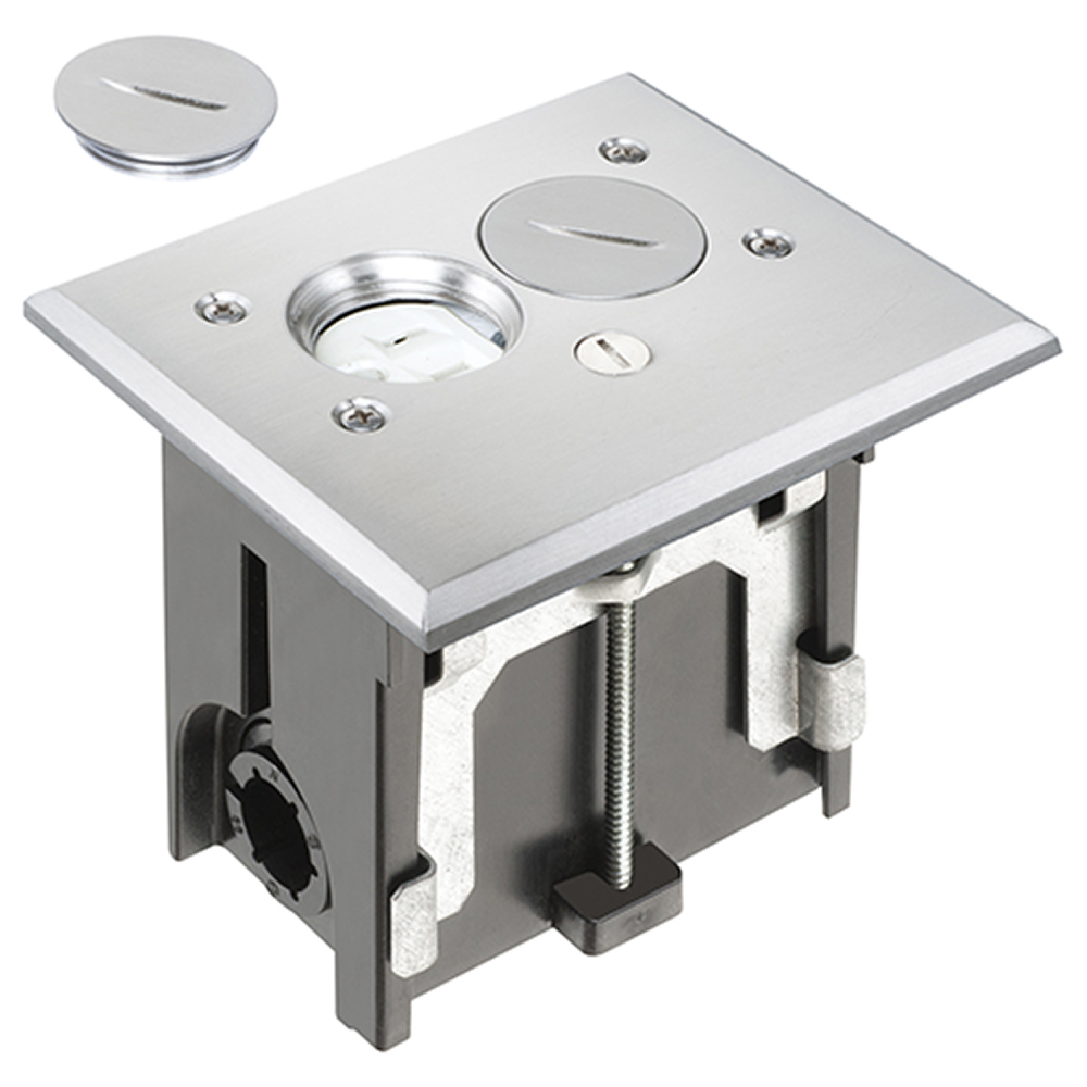 FLBA101NL Adjustable Floor Box With (2) Threaded Plugs, Plastic, 18.3 cu-in Capacity, 1 Gangs, 5.155 in L x 4.25 in W x 4.031 in H