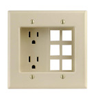 2 gang Recessed device with Duplex receptacle (2p 3wire, 15A-125V) and 6 Quickport Plate (accepts low voltage connectors) NEMA 5-15R Residential Grade. Ivory