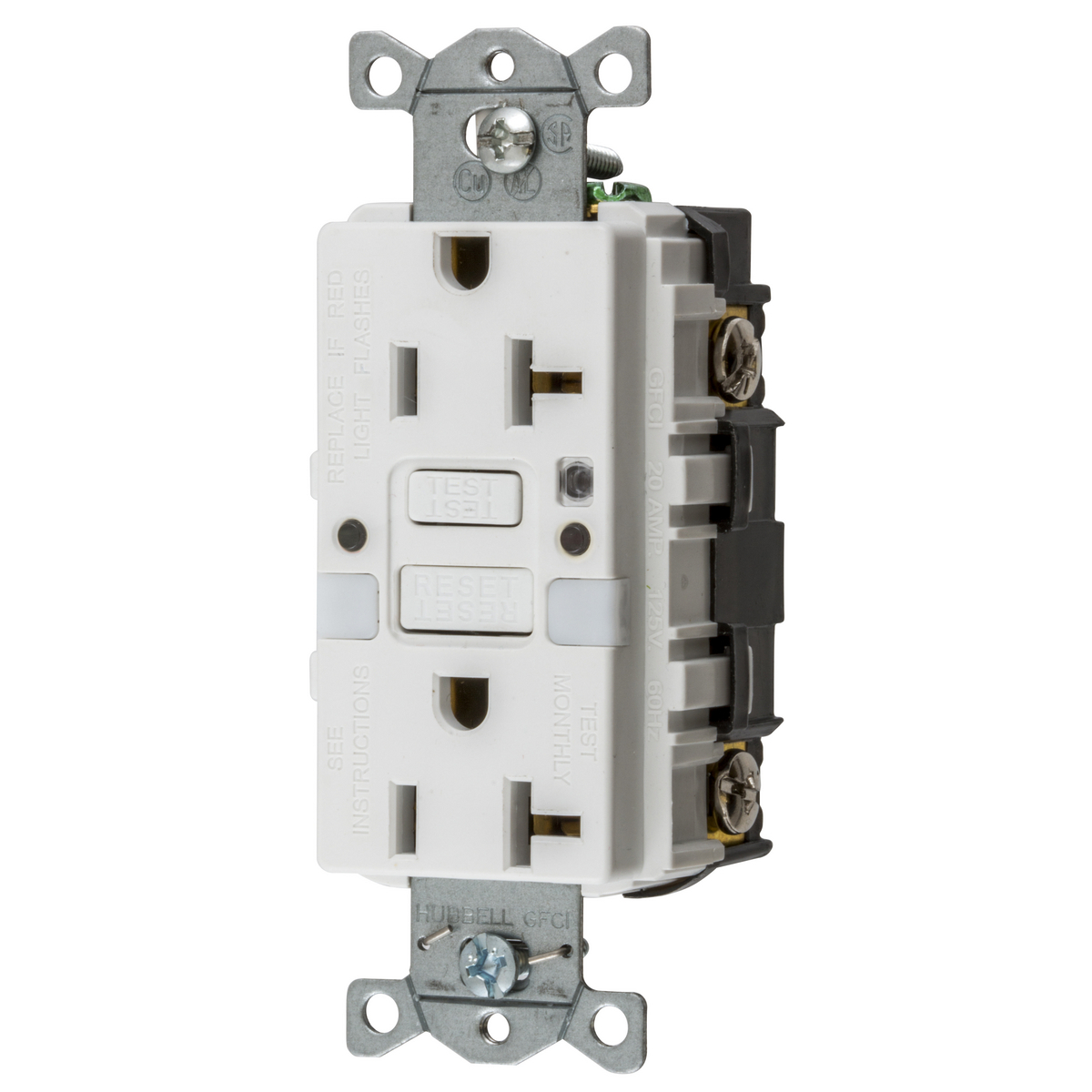 GFRST20WNL 1-Phase Decorator Duplex Grounding Heavy Duty Standard Self-Test Straight Blade Screw Mount GFCI Receptacle, 125 VAC, 20 A, 2 Poles, 3 Wires, White