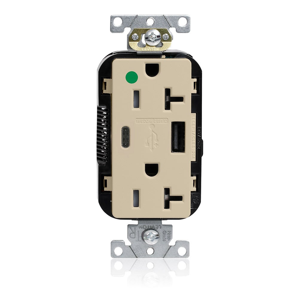 M58AC-HGI Decora Plus Lev-Lok Combination Extra Heavy Duty Self-Grounding Smooth Face Tamper-Resistant Duplex Receptacle and USB Charger, 125 V AC, 20 A, 2 Poles, 3 Wires, Ivory
