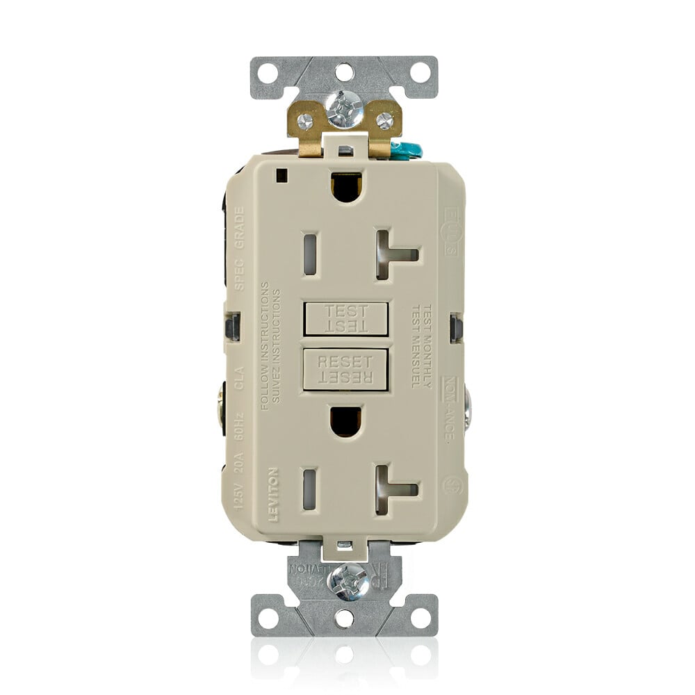 G5362-TI SmartlockPro Duplex Extra Heavy Duty Self-Test Self-Grounding Tamper-Resistant GFCI Receptacle, 125 V AC, 20 A, 2 Poles, 3 Wires, Ivory