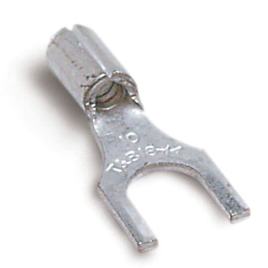 B14-14F Sta-Kon B Series Non-Insulated Fork Terminal, 18 to 14 AWG Conductor, 0.9 in L, Brazed Seam/Serrated Barrel, Copper, Metallic