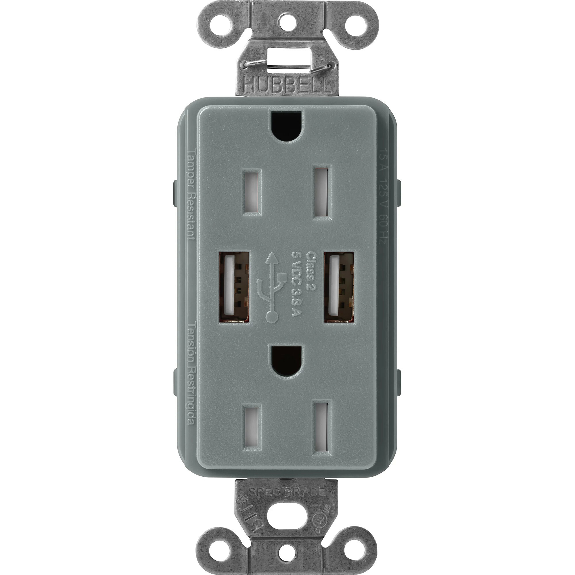 SCR-15-UBTR-SL Claro Tamper-Resistant USB-A Duplex Receptacle, Decorator-Style Outlet, 15 Amp, Self-Testing, Satin, Slate