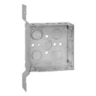 Square Box, 21 Cubic Inches, 4 Inch Square x 1-1/2 Inch Deep, 1/2 Inch and 3/4 Inch Eccentric Knockouts, Pre-Galvanized Steel, with CV Bracket, For use with Conduit
