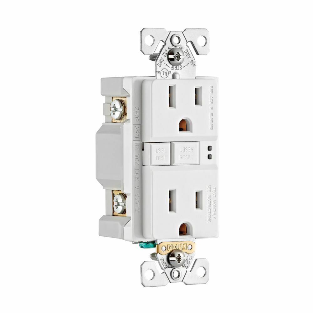 Eaton GFCI receptacle,Self-test,#14 - 10 AWG,15A,Residential,Commercial,Flush,125 V,GFCI,Back and side wire,White,Brass,Receptacle,Polycarbonate,5-15R,Two-pole,Three-wire,Two-pole, three-wire, grounding