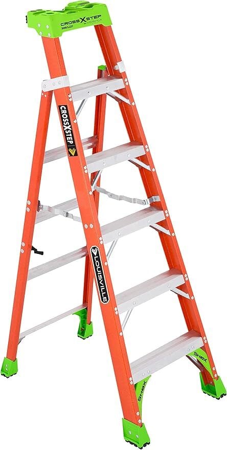 FXS1506 FXS1500 Type IA 2-in-1 Cross Step to Shelf Ladder, 6 ft H Ladder, 300 lb Load, 5 Steps, Fiberglass, A14.5